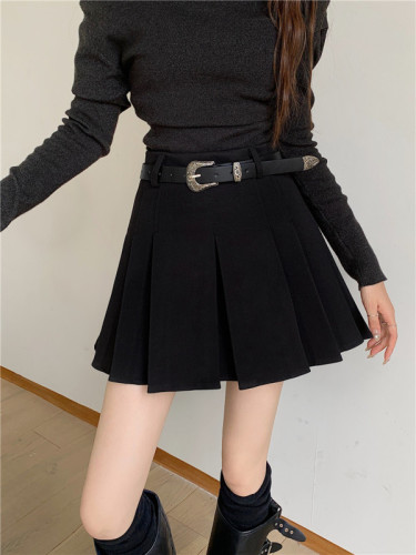 Actual shot of black pleated skirt for women, high-waist slim woolen skirt for autumn and winter