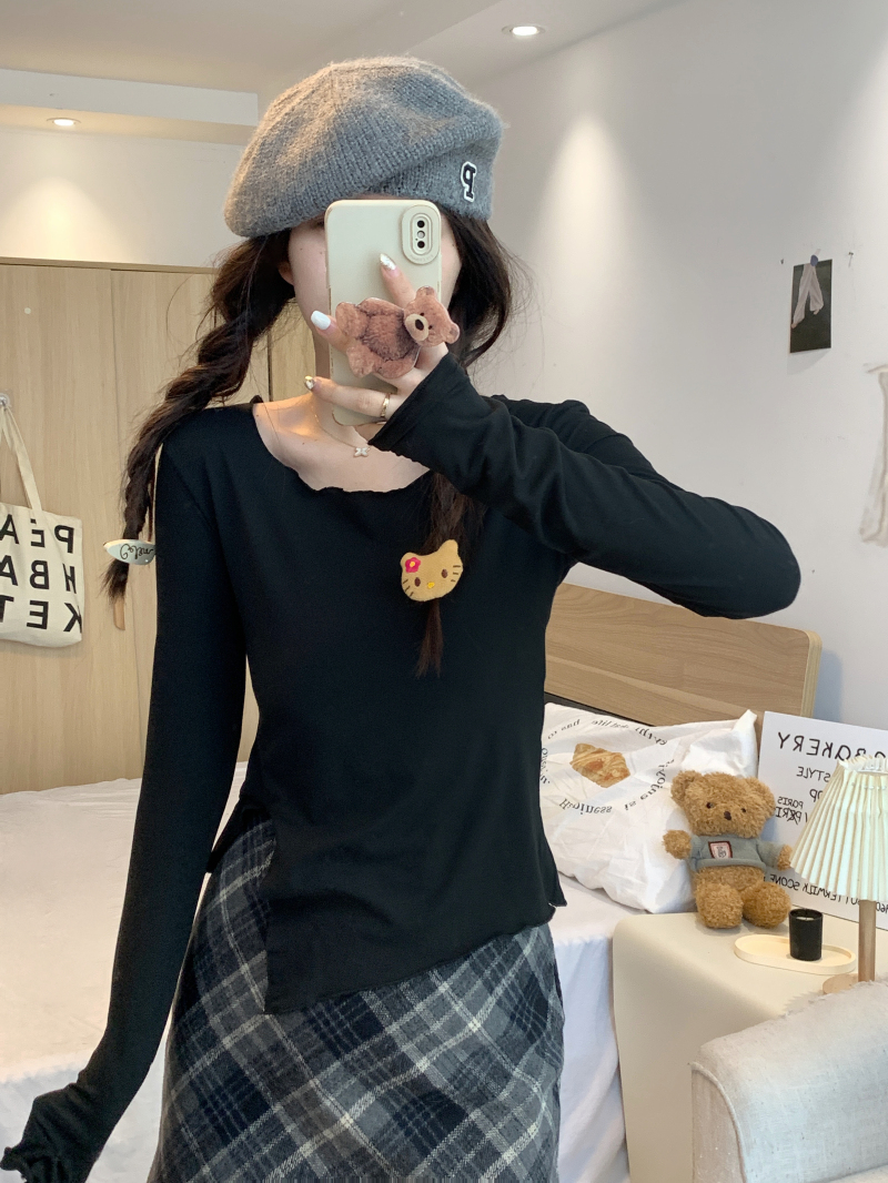 實拍 長袖T恤女秋款韓版不規則少女短款開叉小眾百搭打底衫