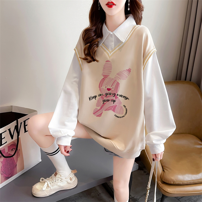 實拍 秋裝後包領韓版M-3XL200斤寬鬆大碼假兩件卡通薄款衛衣女