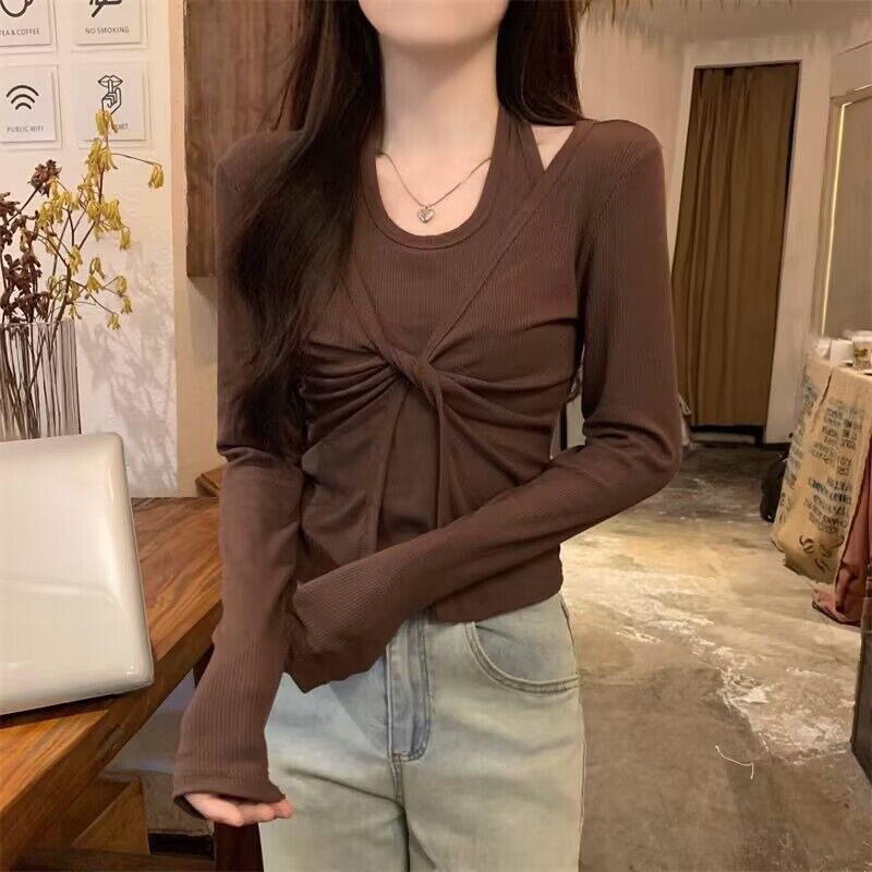 韓版設計感假兩件掛脖打攬t恤辣妹修身顯瘦小眾別致長袖上衣女秋