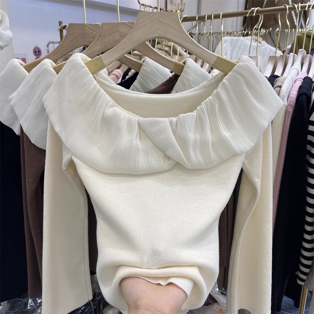 Ruffled stitching one-word collar knitted T-shirt women's long-sleeved 2023 autumn new slim-fitting knitted shirt top