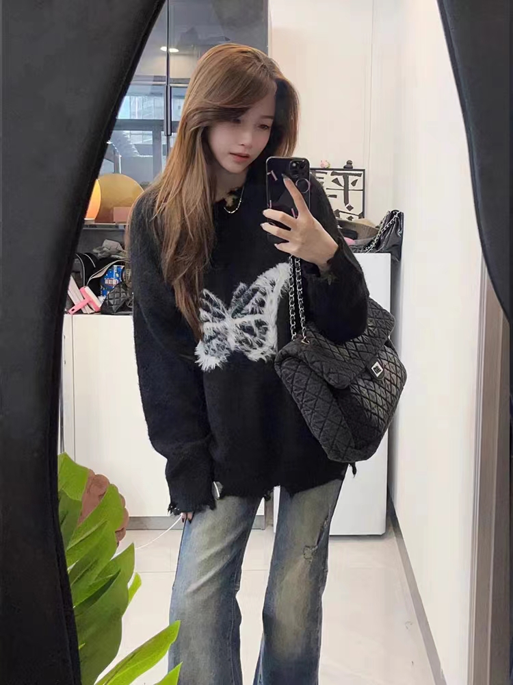 韓版毛絨蝴蝶結慵懶風毛衣女寬鬆秋冬設計感小眾破洞針織衫上衣潮