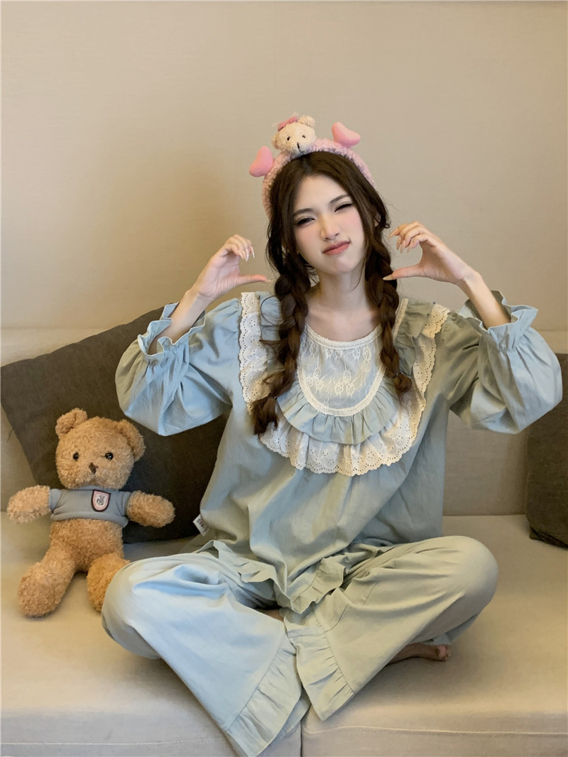 Real shot of Korean style cotton comfortable palace style sweet princess lace ruffle autumn home wear suit nightgown