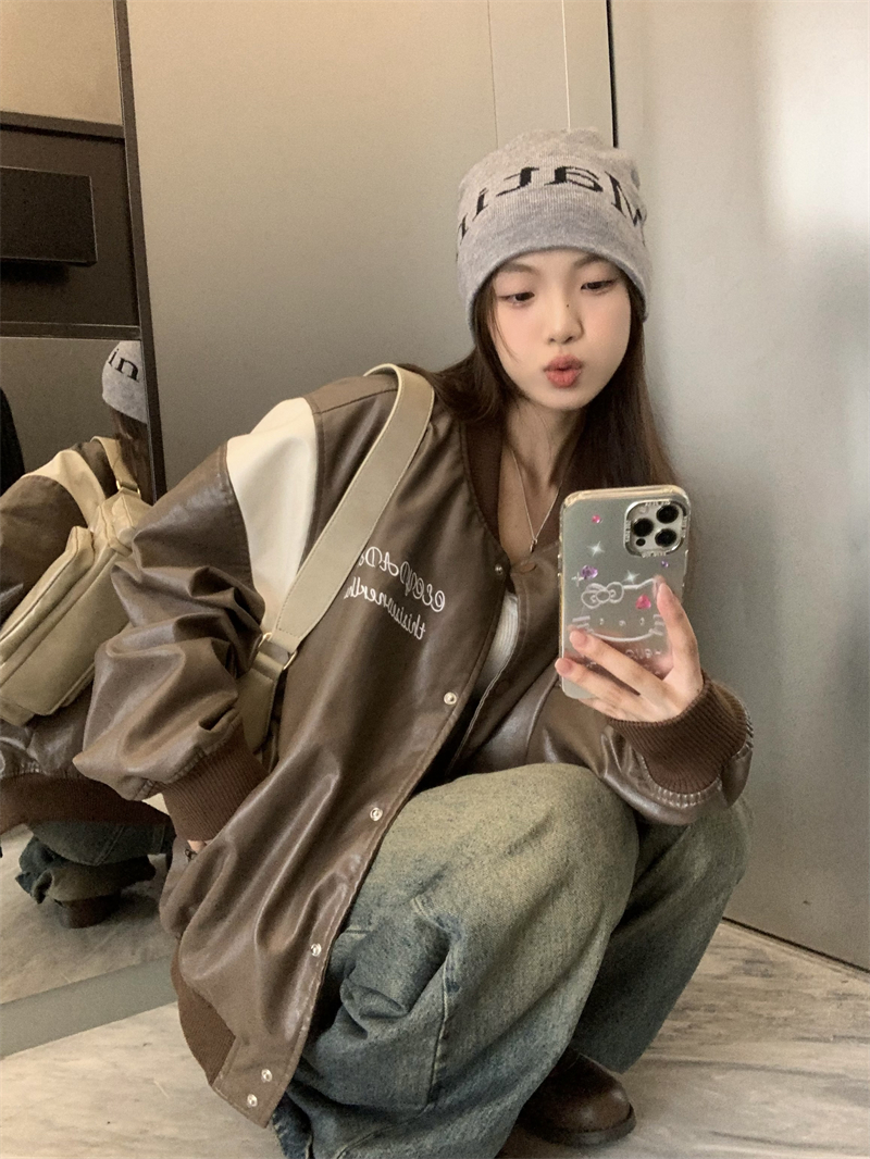 實拍~落日時分 復古甜酷撞色皮衣棒球服夾克外套上衣