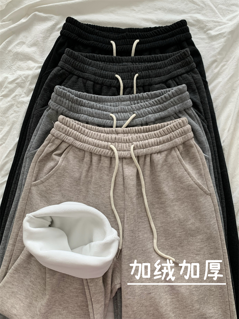 實拍秋冬加絨加厚休閒闊腿褲高腰顯瘦直筒寬鬆口袋拖地長褲