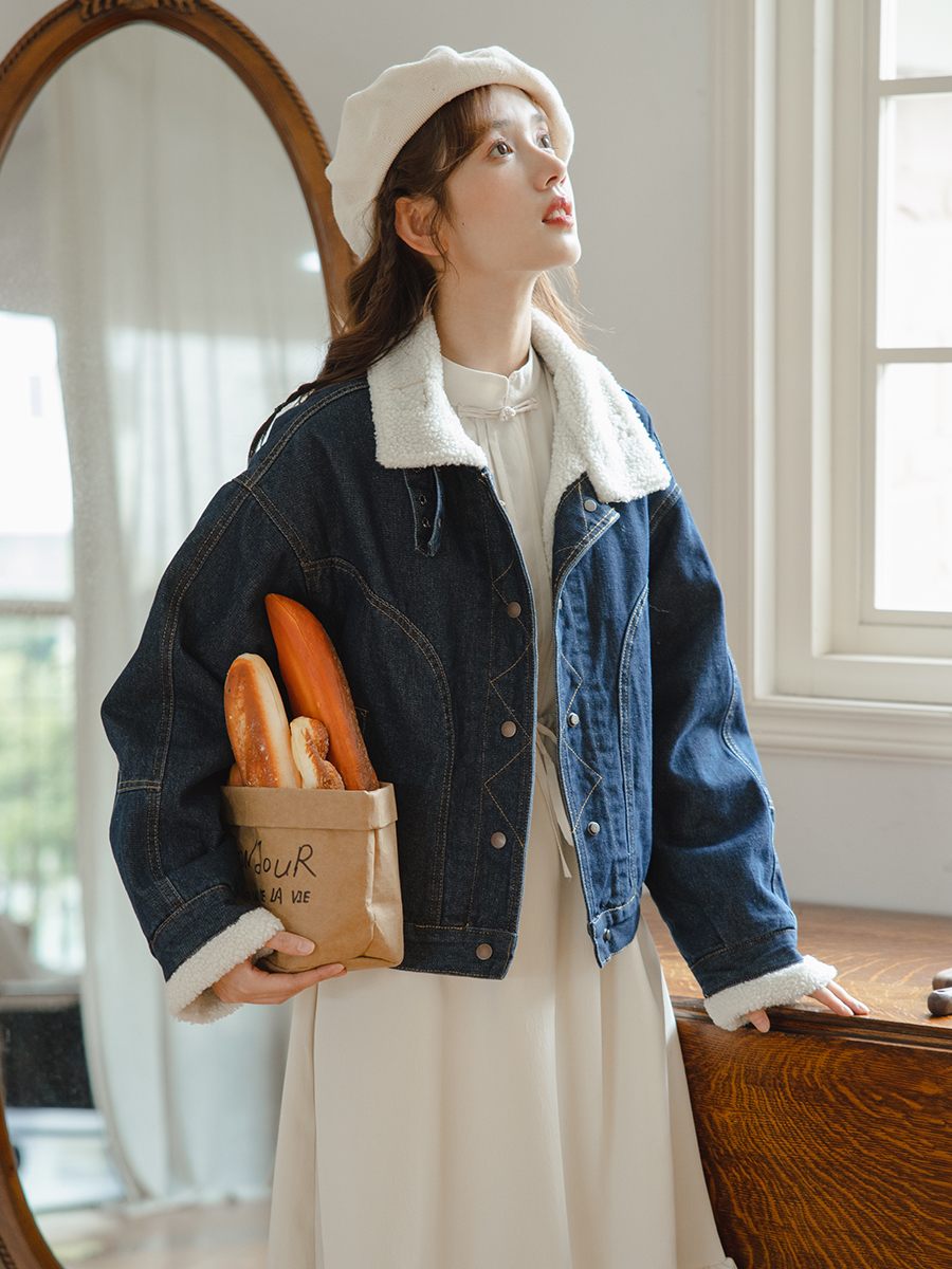 實拍2023冬季新款牛仔外套棉服夾棉外套女上衣原宿潮學生