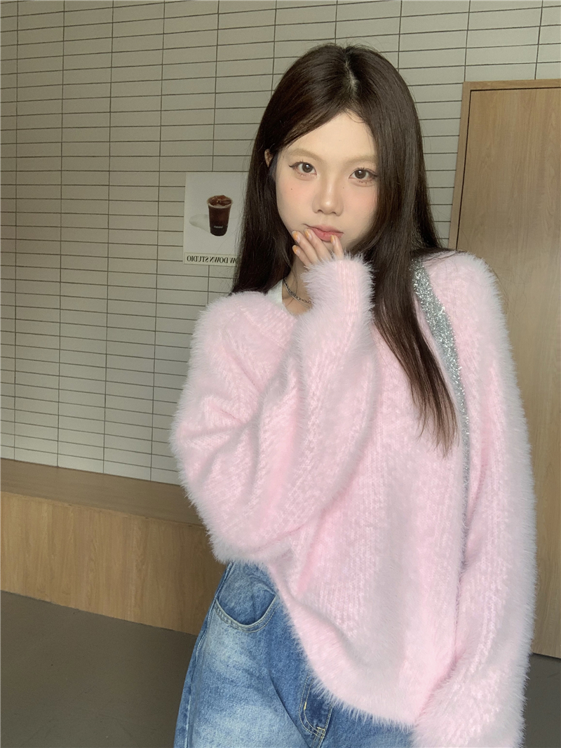 實拍~奶幼小粉桃 超溫柔～軟乎乎毛茸貂毛V領針織毛衣