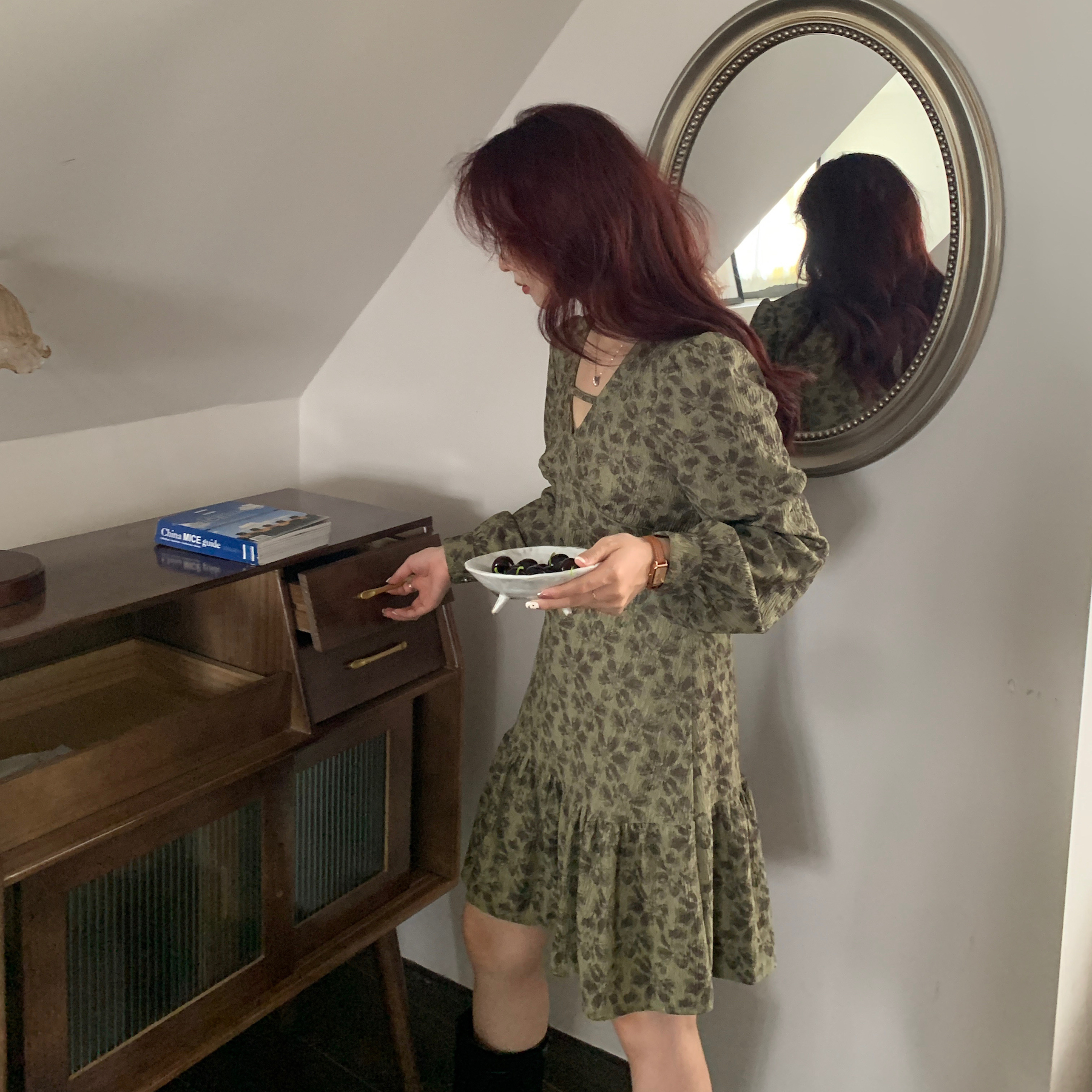 實拍 港風少女 肌理印花面料 油畫 魚尾擺小個子連衣裙