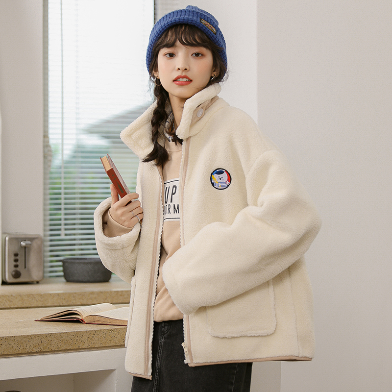 實拍2023冬季韓版加絨加厚羊羔毛棉服女棉衣刺繡外套夾克工裝