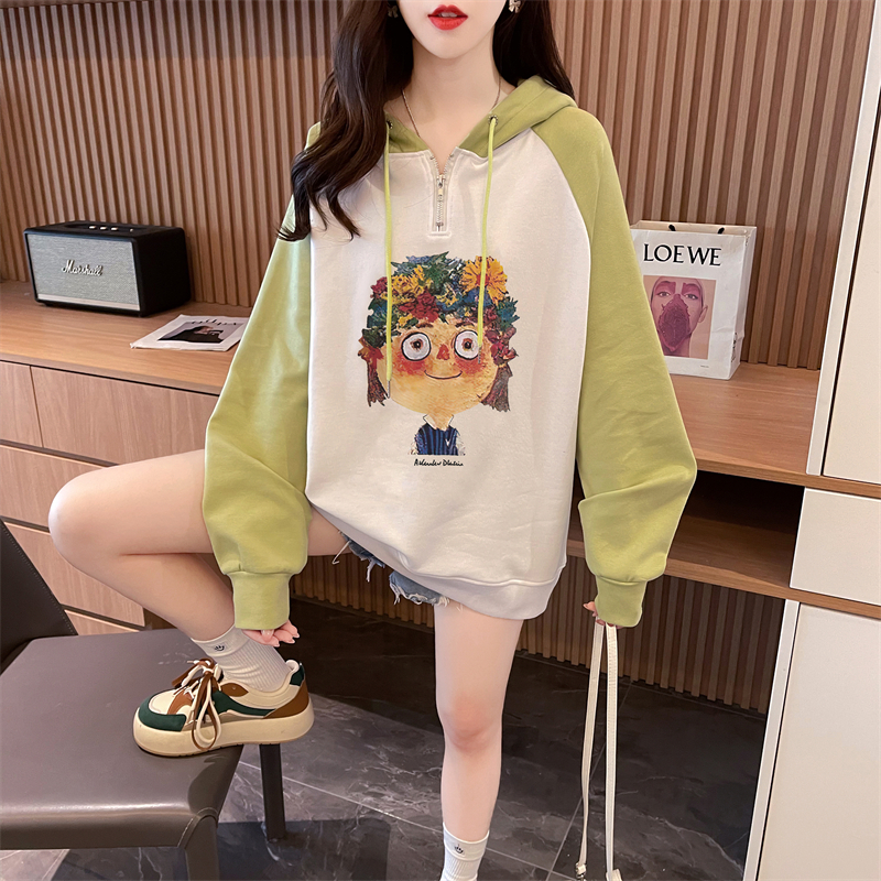 Real shot Autumn Korean version Chinese cotton hooded M-3XL 200 pounds printed loose raglan sleeves large size thin sweatshirt for women