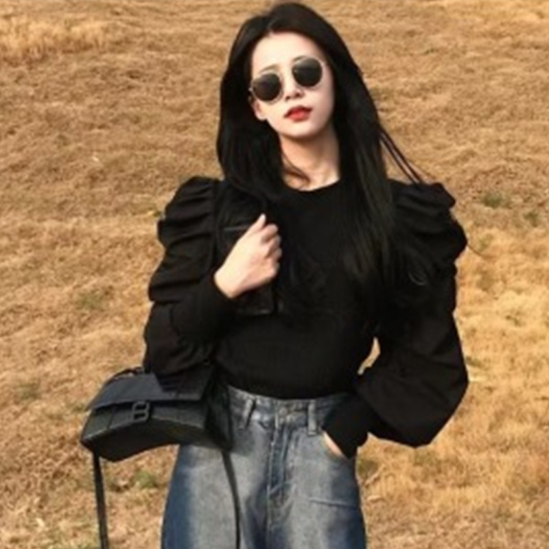 泡泡袖內搭打底衫女春秋設計感小眾半高領針織衫白色毛衣長袖上衣