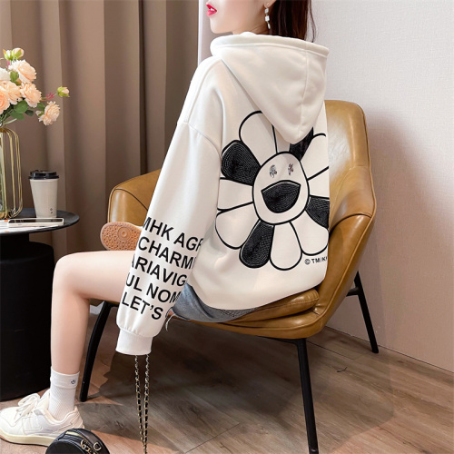 First real shot of pure cotton Chinese cotton composite milk silk thin hooded sweatshirt for women cartoon age reduction  spring and autumn new style