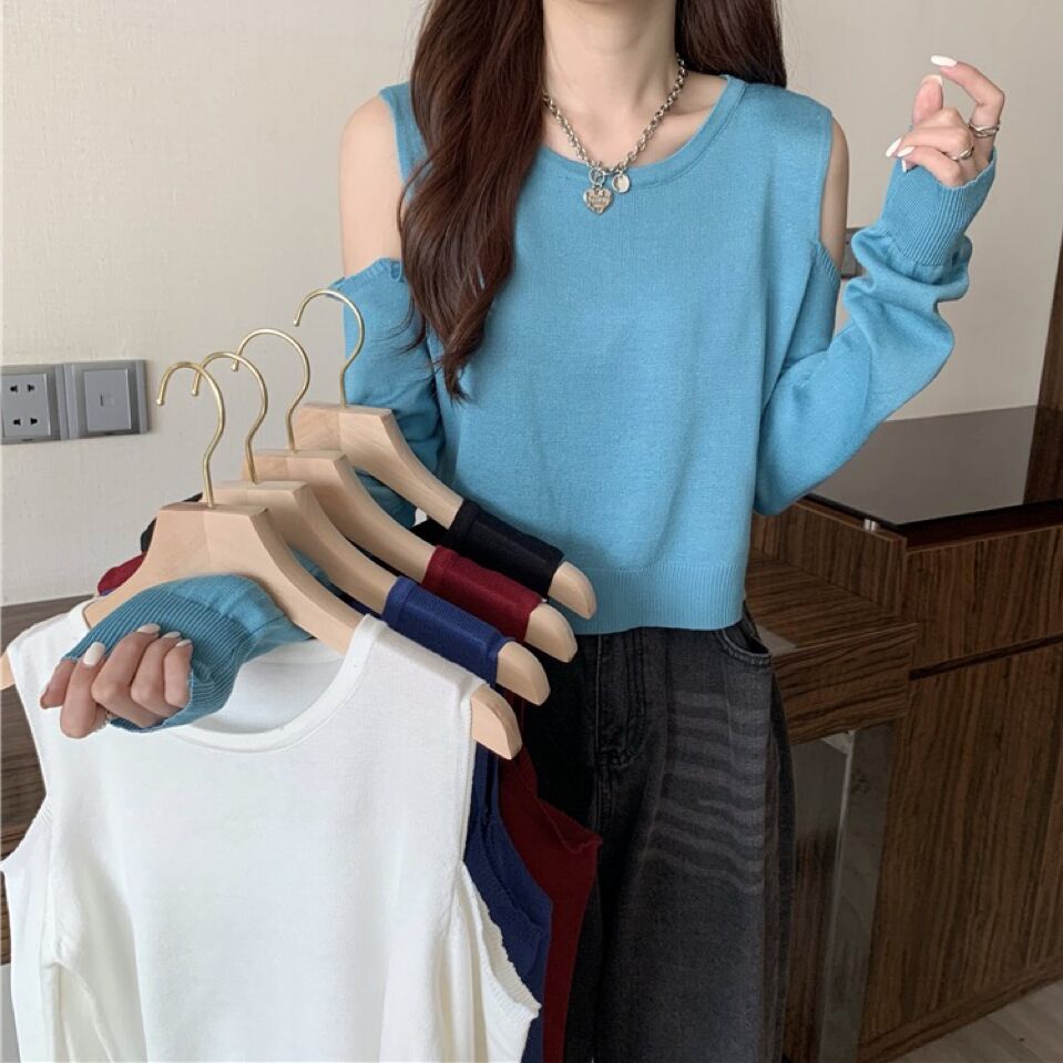 Real shot Autumn new solid color discreet off-shoulder loose long-sleeved T-shirt knitted top