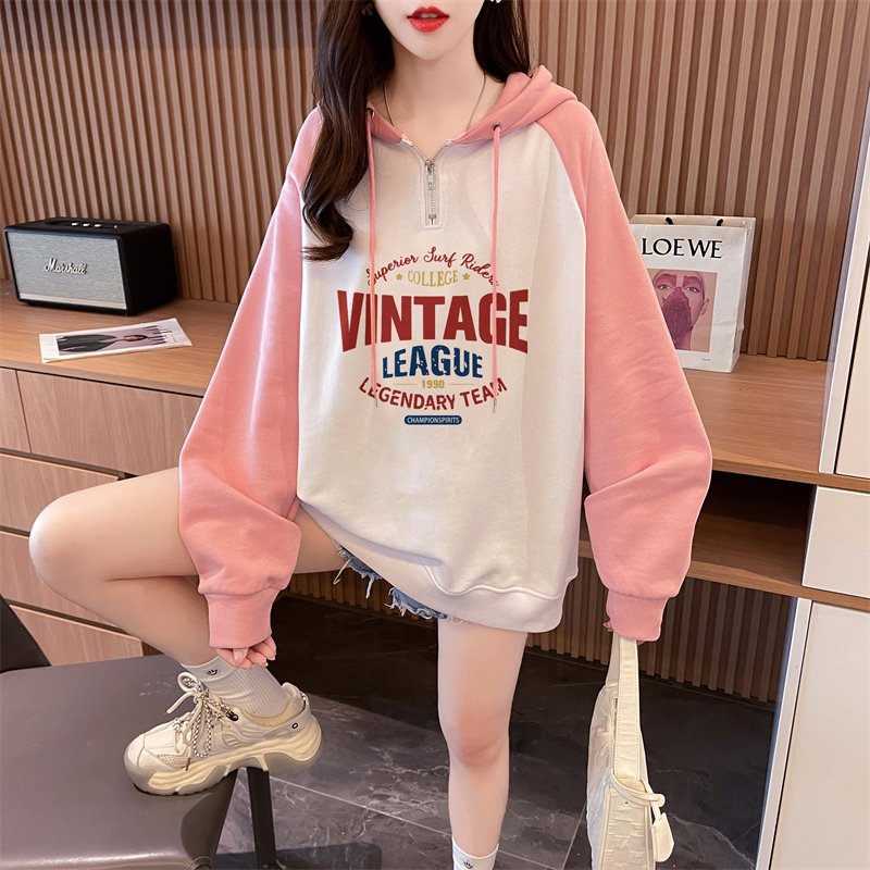 Real shot Autumn Korean version Chinese cotton hooded M-3XL 200 pounds printed loose raglan sleeves large size thin sweatshirt for women