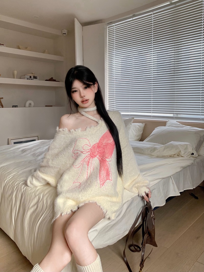實拍 仿貂絨毛衣寬鬆慵懶套頭蝴蝶結破洞針織衫女