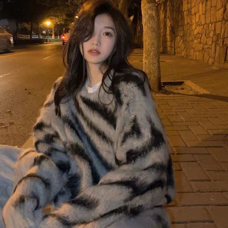 kumikumi復古斑馬紋毛衣女外穿秋季慵懶風寬鬆加厚軟糯針織衫上衣