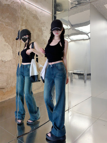 Actual shot~High street denim trousers for women, American style loose slimming and slightly flared floor-length trousers