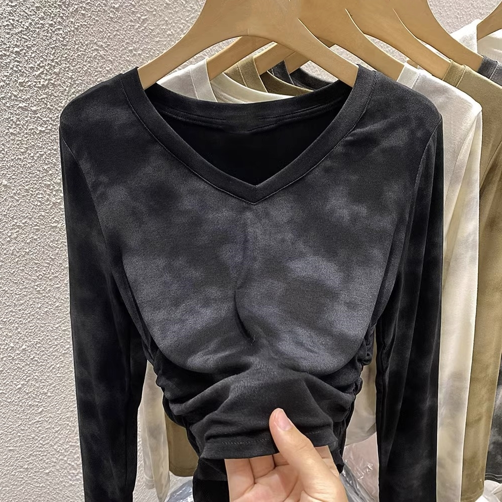 2023復古扎染長袖T恤女早秋新款洋氣設計感小眾不規則打底衫上衣