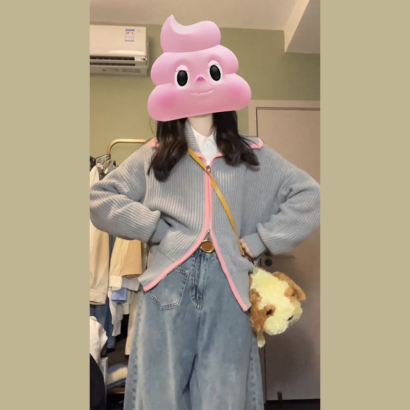 日系學院風翻領毛衣外套女秋冬2023新款雙拉鏈小個子針織開衫上衣