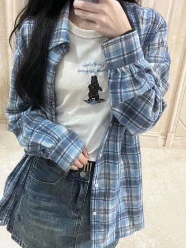 Blue plaid shirt women's American retro mid-length spring and autumn thin pure cotton loose long-sleeved jacket trendy top