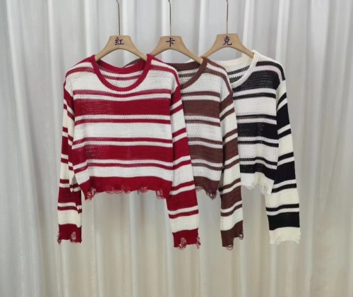 Thirteen Lines  Autumn New Fashion Pullover Round Neck Color Block Striped Long Sleeve Sweater Women’s Short Sweater Trendy