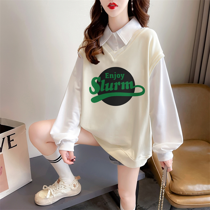 實拍 秋裝後包領韓版M-3XL200斤寬鬆大碼假兩件卡通薄款衛衣女
