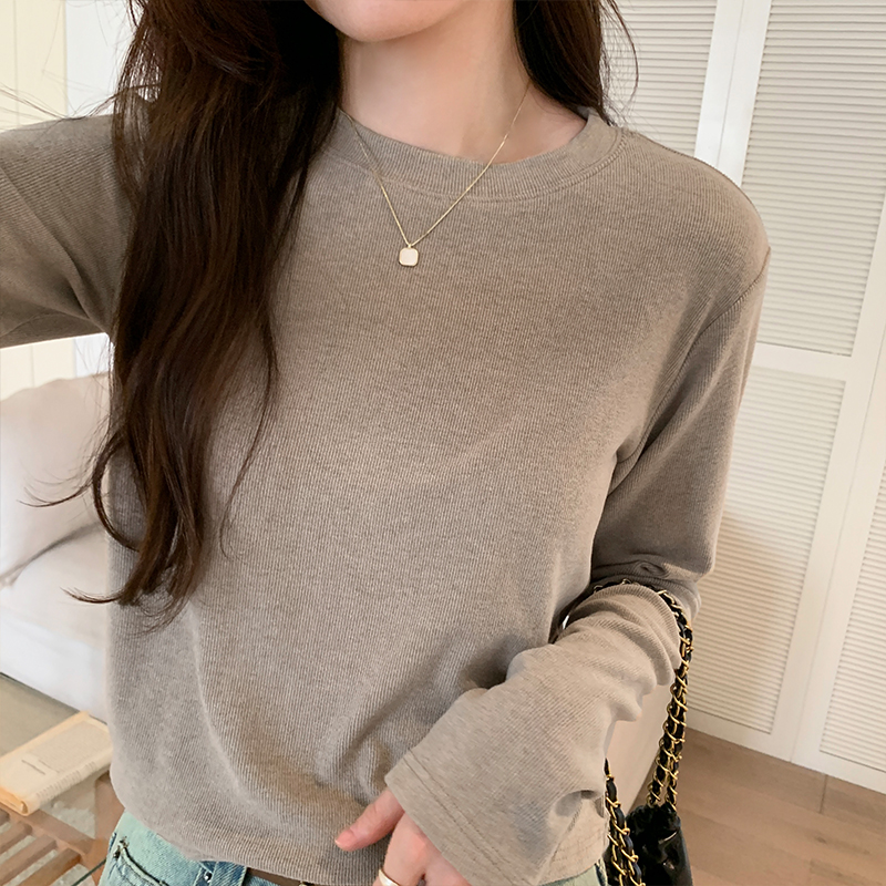Actual pictures solid color round neck corduroy long-sleeved T-shirt for women 2023 autumn new slim inner wear