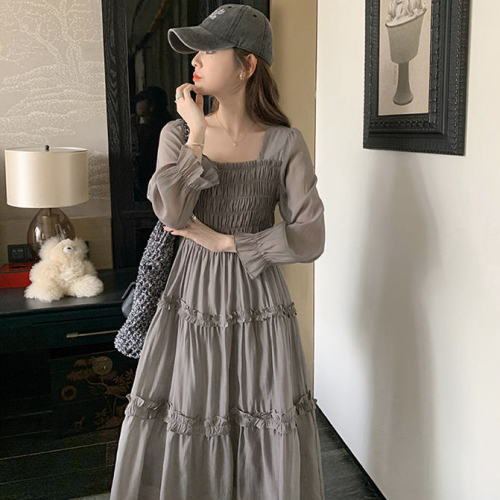 New sweet and fresh long-sleeved ruffle skirt solid color ladylike square collar design niche fashion age-reducing long skirt