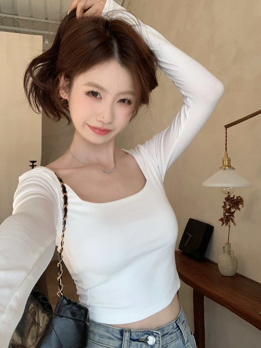 Actual shot ~ Autumn and winter new square-neck hottie short style navel-baring tight-fitting long-sleeved T-shirt top with bottoming shirt for women
