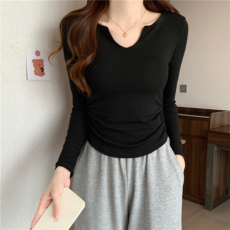 Real shot~Autumn Korean style V-neck T-shirt with irregular pleats and long-sleeved padded top for women