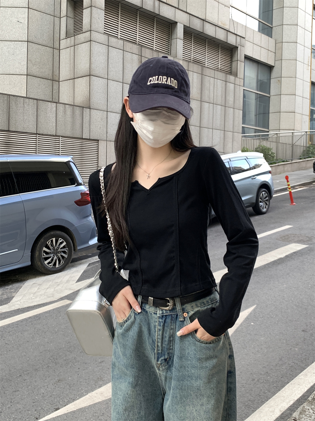 Actual shot of autumn and winter Korean style slim-fitting half-open collar herringbone chic design with long-sleeved bottoming T-shirt top