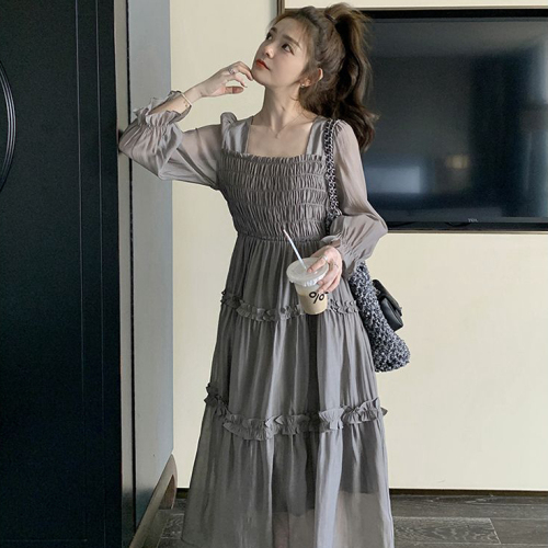 New sweet and fresh long-sleeved ruffle skirt solid color ladylike square collar design niche fashion age-reducing long skirt