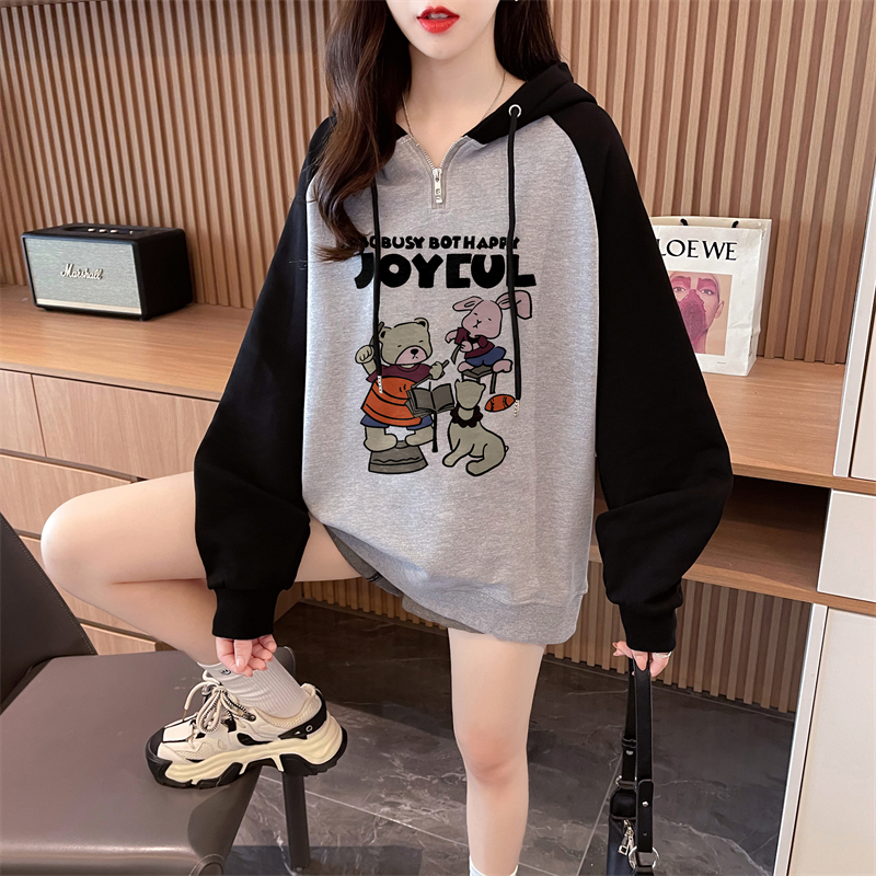 Real shot Autumn Korean version Chinese cotton hooded M-3XL 200 pounds printed loose raglan sleeves large size thin sweatshirt for women