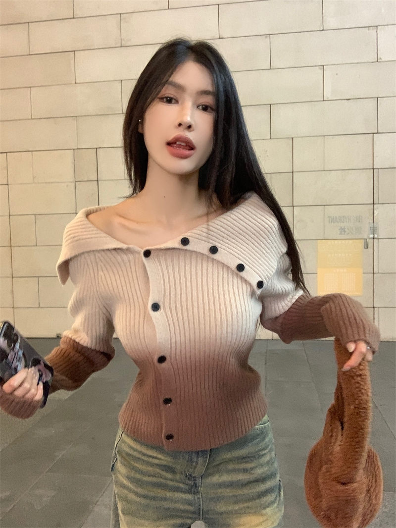 Real shot of autumn and winter new slit design niche gradient tie-dye sweater knitted cardigan jacket