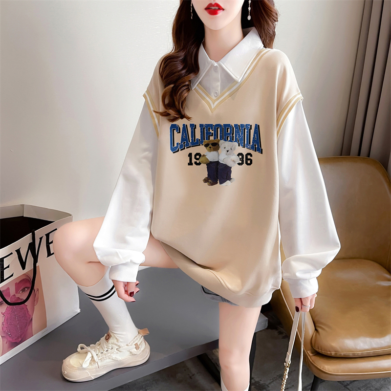 實拍 秋裝後包領韓版M-3XL200斤寬鬆大碼假兩件卡通薄款衛衣女