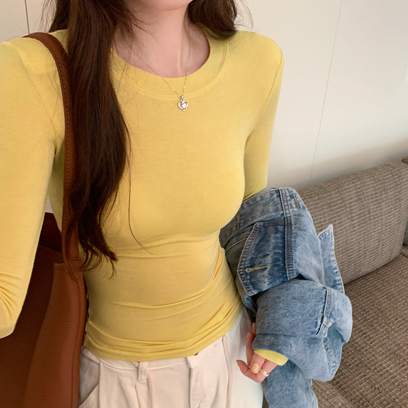 Round neck, right shoulder, solid color long-sleeved T-shirt for women, 2023 early autumn new style top, slim fit inner layering shirt