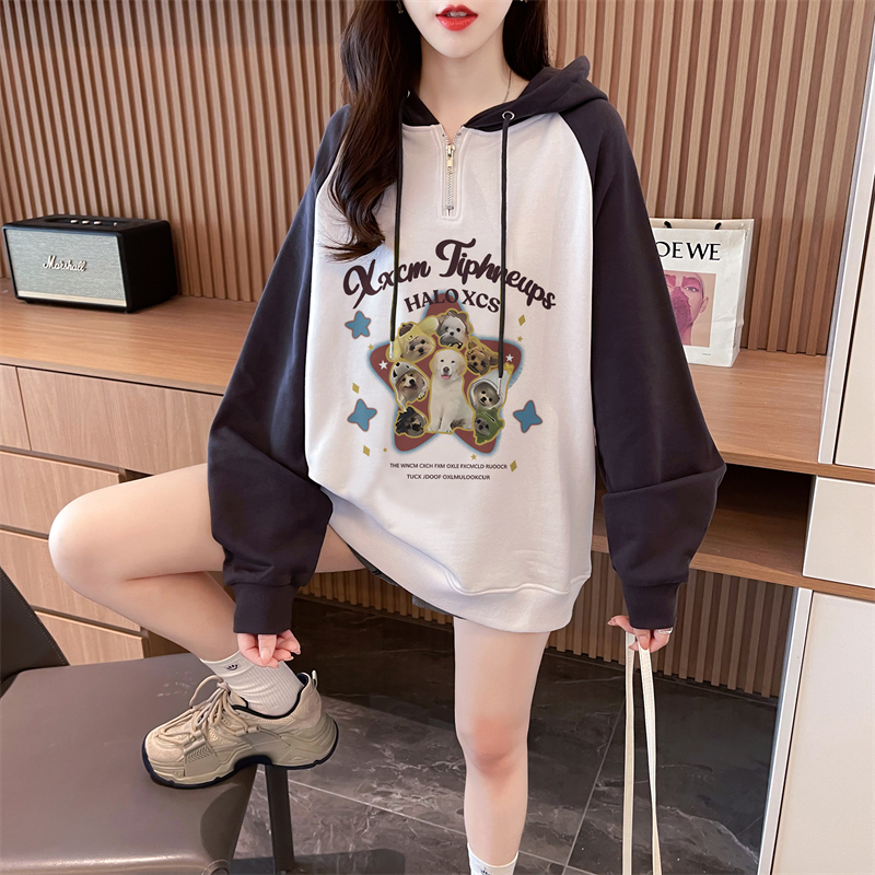 Real shot Autumn Korean version Chinese cotton hooded M-3XL 200 pounds printed loose raglan sleeves large size thin sweatshirt for women
