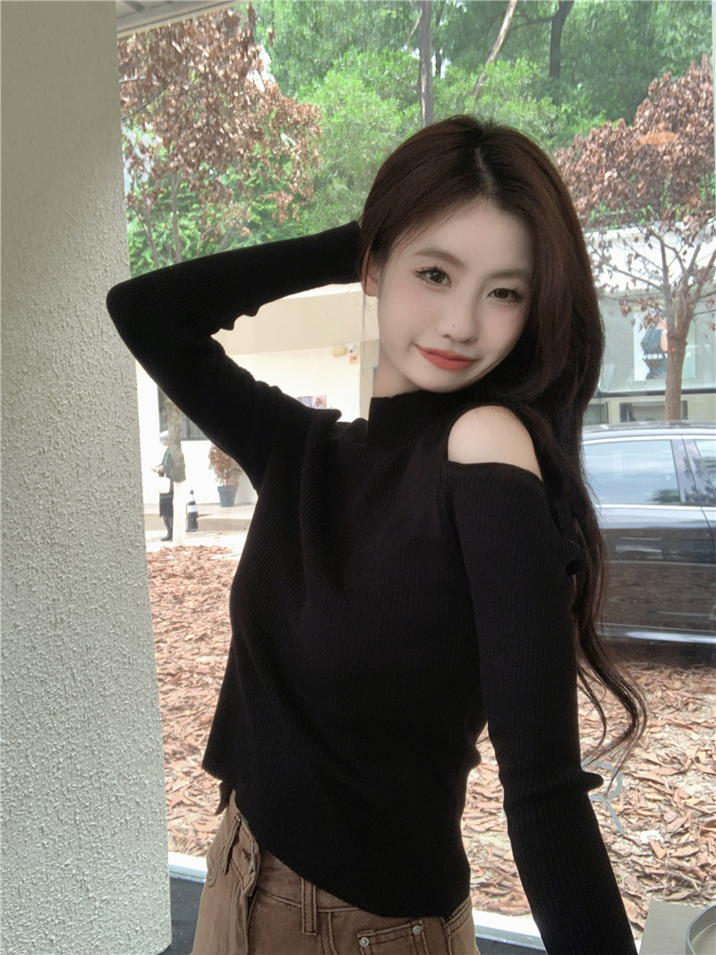 Actual shot~Autumn new slim fit versatile sweater Korean style round neck off-shoulder long-sleeved top for women
