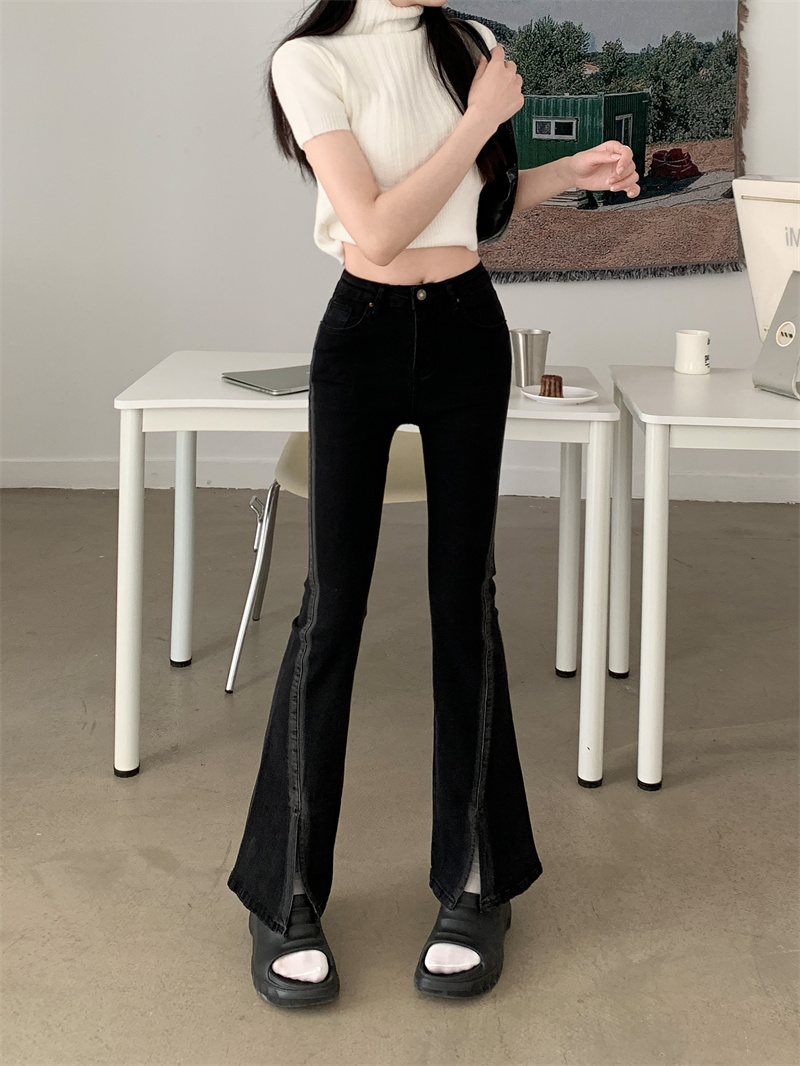 實拍 秋季新款彈力高腰開叉微喇修身長牛仔褲女