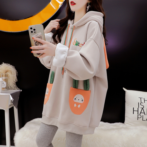 6535 composite super soft winter design  cartoon rabbit letter embroidery plus velvet hooded sweatshirt for women