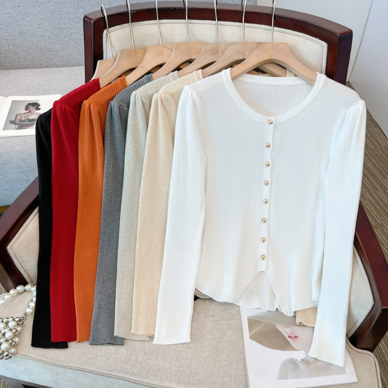 Real shot - round neck long sleeve single breasted knitted cardigan 2023 early autumn new slim fit top short sweater