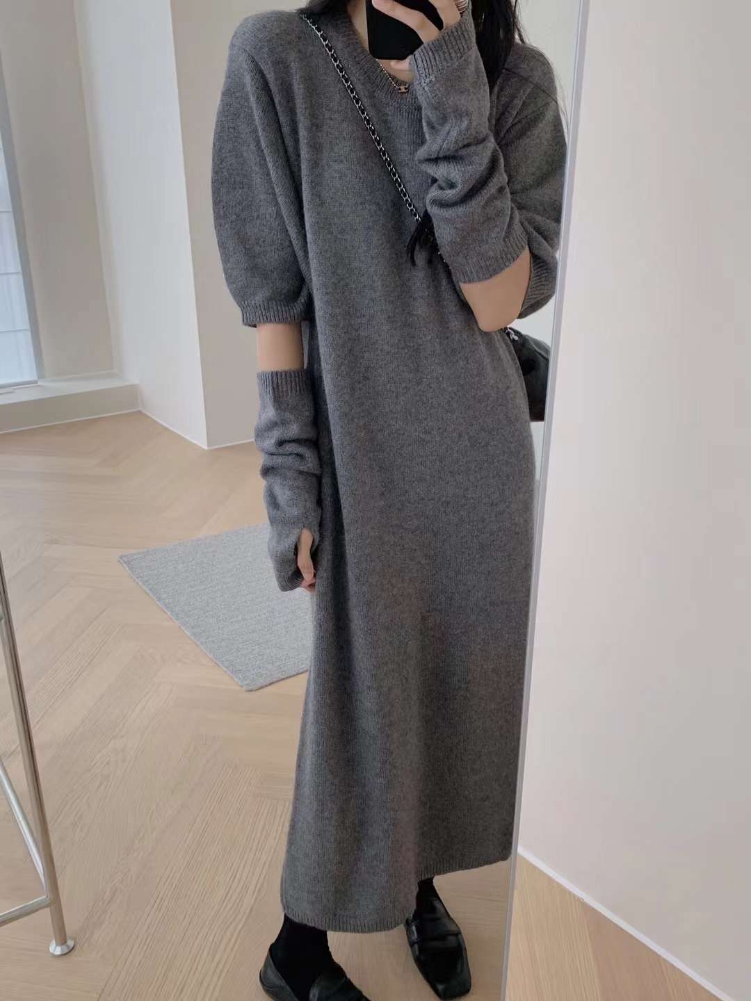 New autumn and winter women's lazy style solid color round neck long over-the-knee sweater skirt with sleeves round neck knitted dress