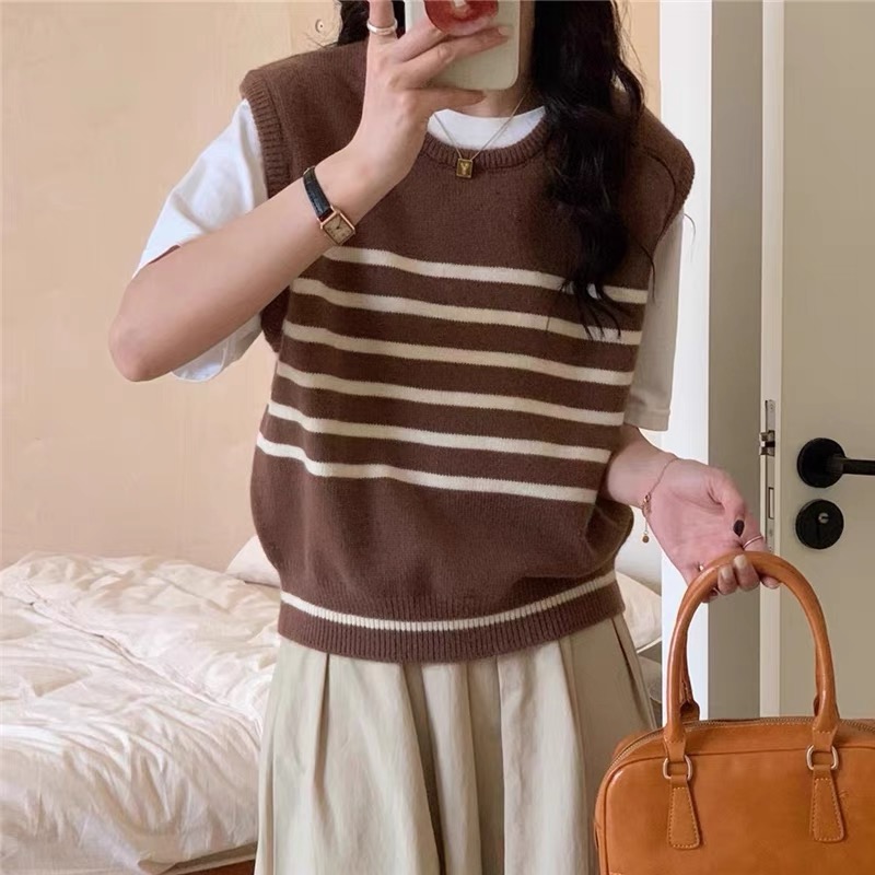 韓系百搭條紋針織無袖秋季2023新款寬鬆小馬刺繡軟糯疊穿背心上衣