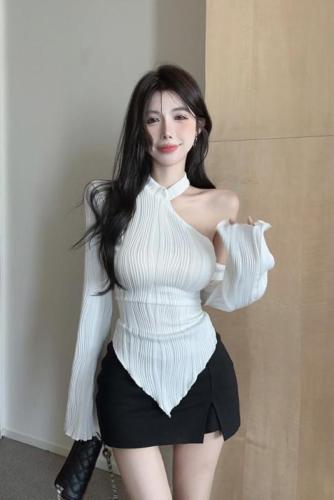 Actual shot ~ Pure desire hottie white off-shoulder autumn and winter new long-sleeved irregular top versatile T-shirt for women