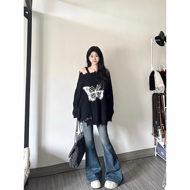 韓版毛絨蝴蝶結慵懶風毛衣女寬鬆秋冬設計感小眾破洞針織衫上衣潮