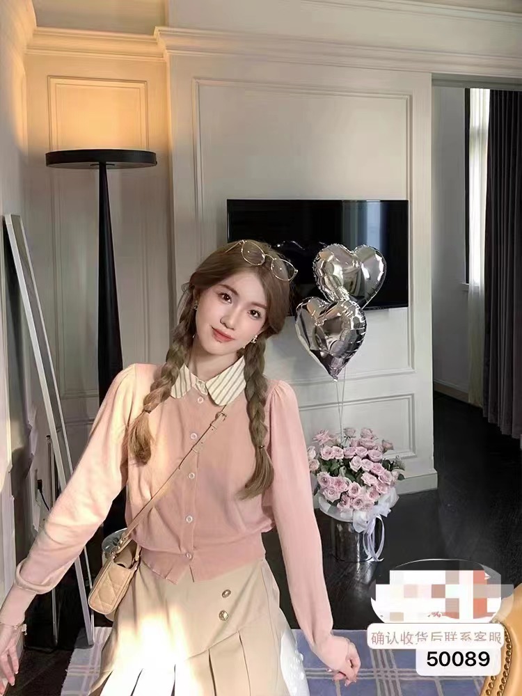 French polo collar sweater for women 2023 new design niche splicing long-sleeved fake two-piece college style top