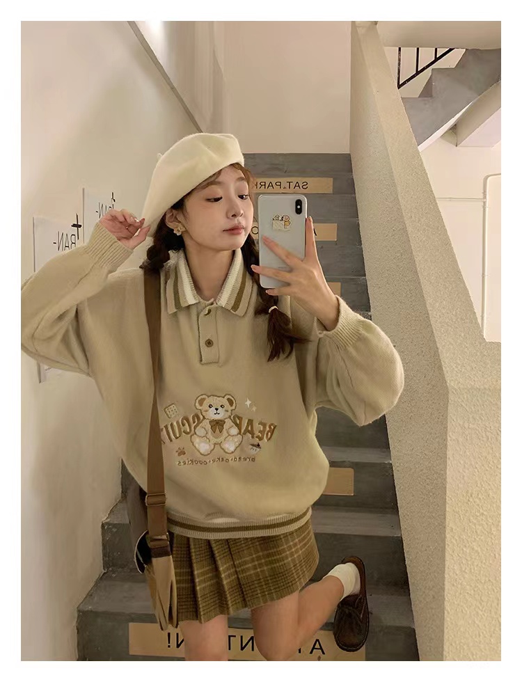 韓國東大門2023秋季新款翻領小熊刺繡立體蝴蝶結裝飾毛衣針織衫女
