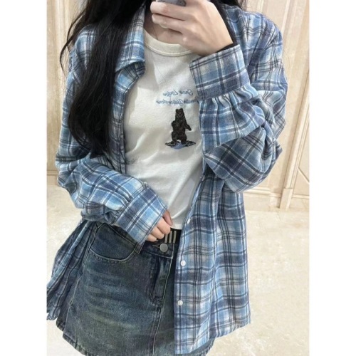 Blue plaid shirt women's American retro mid-length spring and autumn thin pure cotton loose long-sleeved jacket trendy top