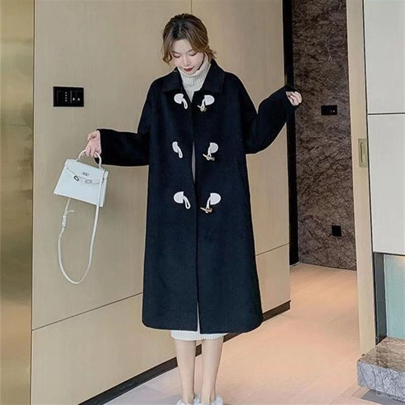 赫本風加厚龍鳳呢大衣中長款冬新款牛角扣毛呢高端小個子呢子外套