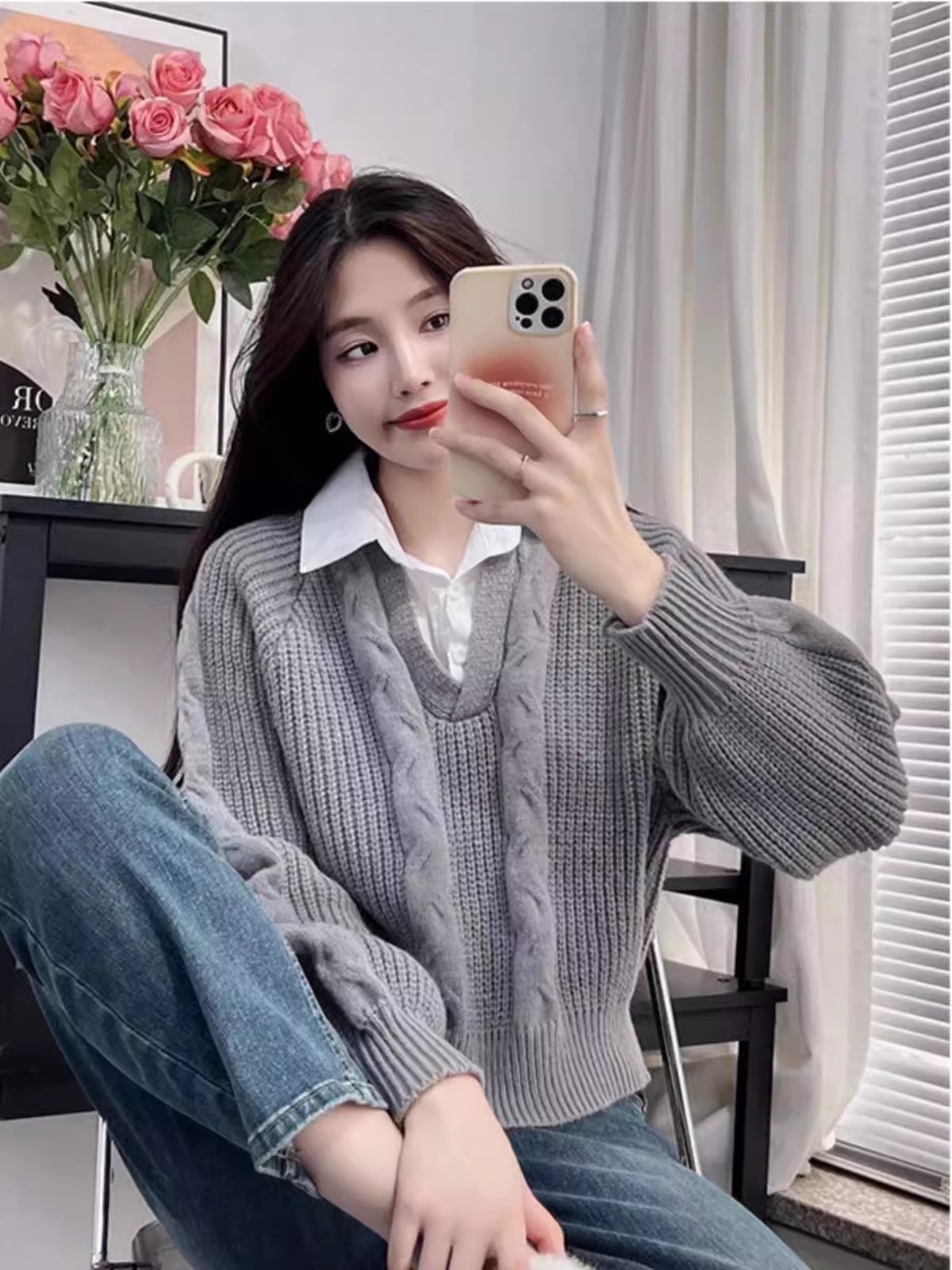 Niche Korean sweater sweater women's fake two-piece polo collar autumn and winter bottoming shirt loose and slim outer top